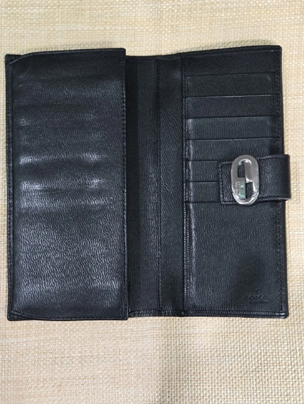 Gucci Black Leather Continental Wallet with Gunmetal Logo Plate
